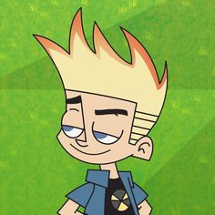 a cartoon character with blonde hair and blue shirt standing in front of a green background