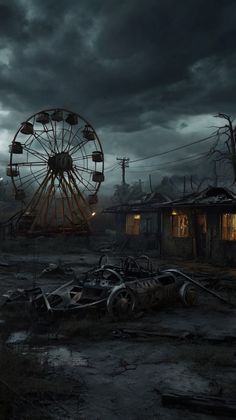 an abandoned amusement park at night with a ferris wheel in the foreground and dark clouds overhead