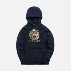 KITH x VERSACE Collection Medusa Hoodie Navy Size XXL Very Limited bogo box logo.  Brand new factory sealed.  100% authentic guaranteed.  Comes with original KITH receipt. Medusa Hoodie, Versace Collection, Box Logo, Hot Sneakers, Jordan Retro, Navy Color, Hoodie Design, Gold Foil, Trading Cards