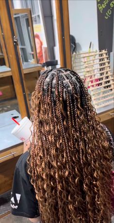 Brown Curly Knotless Braids, Brown Bohieman Knotless Box Braids, Big Goddess Knotless Braids, Bohomeian Box Braids, Cute Goddess Braids, Light Brown Knotless Goddess Braids, Black And Brown Bohemian Knotless Braids, Baja Braids, Honey Brown Bohemian Knotless Braids