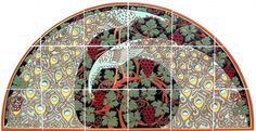 an artisticly designed tile with birds and flowers on it's side, in the shape of a circle