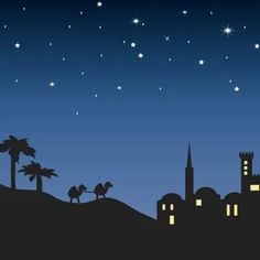 the night sky with stars and silhouettes of buildings, palm trees, and a star filled sky