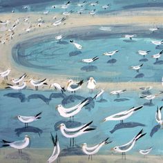 a painting of seagulls and birds in the water on a beach with sand