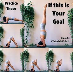 a woman doing yoga poses in front of a wall with vines and ivy growing on it