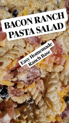 bacon ranch pasta with black olives and parmesan cheese is shown in this image