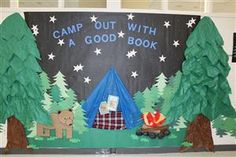 the camp out with a good book is displayed in front of a wall decorated with trees