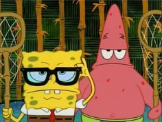 spongebob and patrick in front of bamboo fence with eyeglasses looking at each other