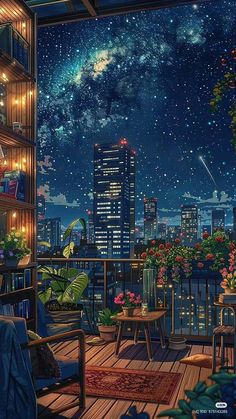 the night sky is filled with stars and bright lights as well as plants, flowers, and chairs