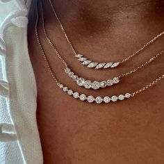 Add this beautiful piece to your everyday outfit for an elegant look. Marquise Cut Diamonds - GH color, SI clarityCttw: .27Length: adjustable 16" - 18" Available in 14K Gold, Rose Gold and White GoldRequires 6-8 weeks for production timeAll 14K and diamond items can be exchanged, no returns Grad Accessories, Styling Necklaces, Diamond Neckless, Gold Diamond Chain, Single Diamond Necklace, Gold And Diamond Necklace, Diamond Pendant Jewelry, Diamond Bracelet Design, Diamond Bar Necklace