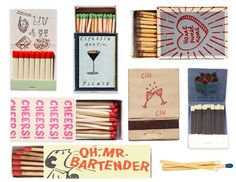 an assortment of matches and other items from the 1960s's to present as gifts