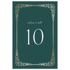 a green and gold wedding card with the number ten on it's front side