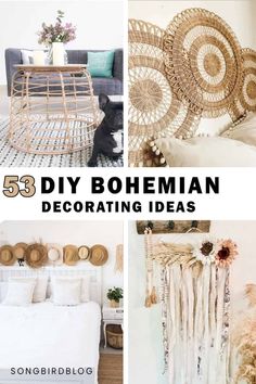 four different pictures with the words diy bohemian decor ideas on them and an image of a