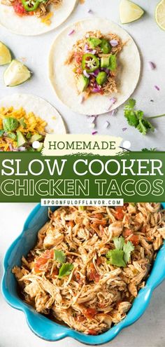 slow cooker chicken tacos with limes and cilantro on the side