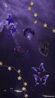 an image of stars and moon in the night sky with purple hues on it