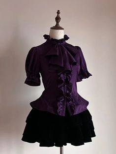 The detachable jabot collar adds a touch of Victorian elegance, while the dark purple color gives off a mysterious and sophisticated vibe. Perfect for adding a gothic edge to your wardrobe, this shirt is versatile and stylish. Whether you're heading to a steampunk event or a gothic gathering, this shirt is sure to make a statement.   	 		 			Size 			S 			M 			L 			XL 		 		 			Full Length 			55 			56 			57 			58 		 		 			Bust 			88 			92 			98 			104 		 		 			Shoulders 			32 			33 			35 			36 Aesthetic Purple Clothes, Elissabat Costume, Victorian Gothic Outfit, Dark Purple Clothes, Black And Purple Outfit, Gothic Aristocrat, Victorian Style Clothing, Gothic Fashion Victorian, Jabot Collar