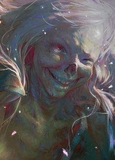 a digital painting of a smiling woman with white hair