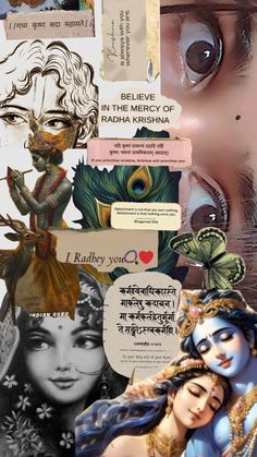 an artistic collage with many different pictures and words on it's side, including the face of a woman