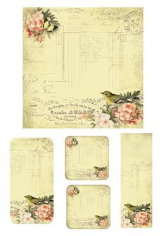 four pieces of paper with flowers and birds on them