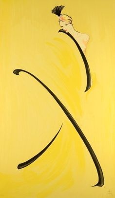 an abstract painting of a woman in a yellow dress with black lines on the side