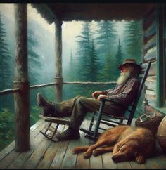 a painting of a man sitting in a rocking chair with his dog on the porch