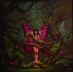 a painting of a woman with pink wings holding a tree branch in the middle of a forest