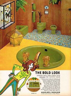 an old advertisement for the bold look bathroom sink with green fixtures and wood paneling