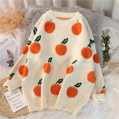 Cherry Sweater, Orange Pullover, Cherry Pattern, Winter Knitwear, Oversized Sweater Women, Winter Knit Sweater, Pull Oversize, Long Sleeve Jumper, Orange Sweaters