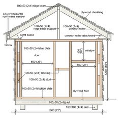 a shed with measurements for the roof and side walls, including the top window area