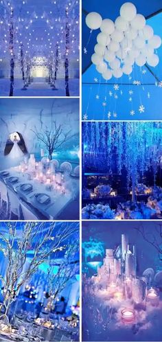 a collage of photos with balloons and snowflakes on the ceiling, trees in the background