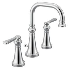 a chrome faucet with two handles