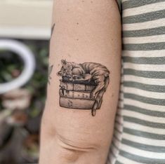 a woman's arm with a cat sleeping on top of a stack of books