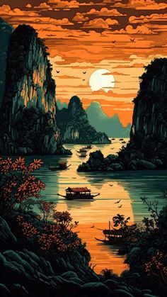 an image of a sunset scene with boats on the water and mountains in the background