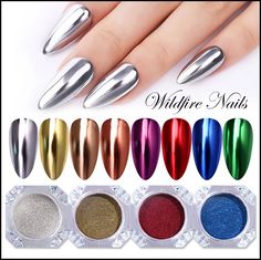 NEW! High Quality Vivid & Metallic Chrome Coloured Mirror Nail Pigment Powder 0.5g This new style Chrome Powder is high quality, super easy to apply and creates absolutely stunning mirror chrome nails! Chrome Powders are non-toxic, luminescent little pots of metallic goodness! They are light and  fluffy and dense all at once creating a super smooth, solid colour and a high gloss mirror finish. A  little bit goes a long way! Your Metallic Chrome Nail Powder comes in a bag including a screw lid po Nail Art Chrome, Mirror Nails Powder, Gold Chrome Nails, Chrome Nail Art, Chrome Nail Powder, Mirror Nails, Chrome Nail, Glitter Pigment, Glitter Dust