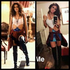 two different pictures of a woman wearing boots and holding a cell phone in her hand