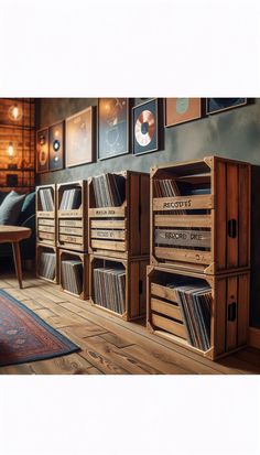 an old record player is sitting on the floor in front of a wall with records