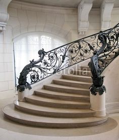 an ornate stair case with wrought iron railing