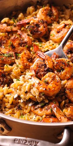 Shrimp orzo in a pan Recipes For Dinner Shrimp, Dinner Shrimp Recipes, Healthy Orzo Salad, Orzo Salad Dressing, Orzo Salad Recipes Cold, Healthy Orzo, Shrimp And Rice Casserole, Creamy Wine Sauce, Easy Seafood Dinner