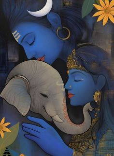 a painting of two women hugging an elephant