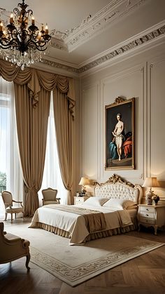 an elegant bedroom with chandelier and paintings on the walls, along with white furniture