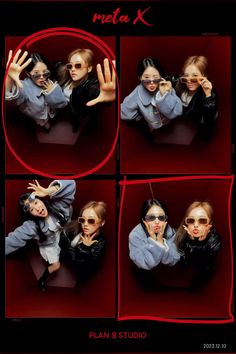 four photos of two women in sunglasses and one is holding her hand up to the camera