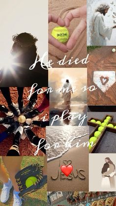 a collage of photos with words and pictures on them that include people, sports equipment, baseballs, tennis balls