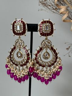 Lightweight  earrings.  Earrings length- 3.5 inches Party Kundan Hoop Earrings With Meenakari, Bollywood Style Meenakari Chandbalis Drop Earrings, Kundan Meenakari Chandbali Hoop Earrings, Traditional Purple Drop Earrings, Bollywood Meenakari Chandelier Earrings For Festivals, Bollywood Meenakari Chandbali Earrings, Festival Meenakari Drop Hoop Earrings, Traditional Purple Dangle Earrings, Festive Meenakari Drop Hoop Earrings