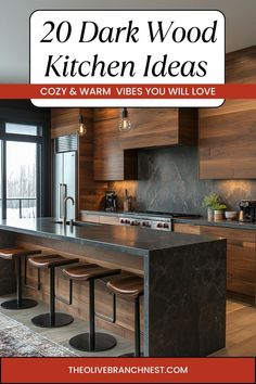 a kitchen with dark wood cabinets and black countertops is featured in this postcard