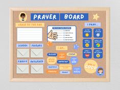 a bulletin board with stickers on it that says prayer board