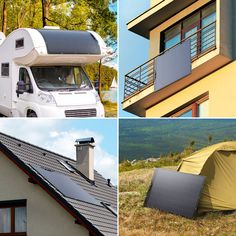 four different types of houses with solar panels on the roof and in the back ground