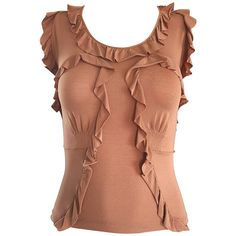 Beautiful TOM FORD for YVES SAINT LAURENT Rive Gauche YSL terra-cotta / tan jersey ruffle top! Simply slips over the head, and stretches to fit. Flattering ruffles throughout. Expertly well made, with heavy attention to detail. (93% Rayon, 7% Elastane) Can easily be dressed up or down. Great with jeans, shorts, trousers or a skirt. In great condition. Made in Italy Approximately Size Small / Medium (tons of stretch) Measurements: (plenty of stretch) 32-40 inch bust 24-33 inch waist Frilly Blouse, Beige Blouse, Vintage Ysl, Expensive Clothes, Catherine Deneuve, Rive Gauche, Gianni Versace, Toms Shoes, Terra Cotta