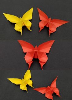 four different types of origami birds on a black surface, one is yellow and the other is red