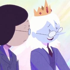 two cartoon characters one wearing a crown and the other in a suit with a tie