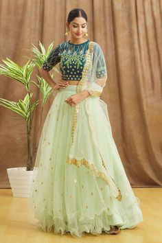 Raw Silk Lehenga, Party Wears, Pista Green, Green Lehenga, Sequin Blouse, Saree Designs Party Wear, Blouse Silk, Embroidered Lehenga, Lehenga Blouse