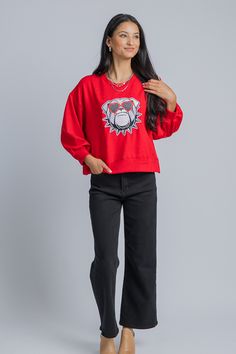 Can we get a "Go Dawgs?!" Our favorite "Millie Sweatshirt" is back just in time for gameday! The oversized fit features a bulldog patch with fun sequin heart sunglasses. The inside has a soft brushed lining, and ribbed banded edges complete the look. Oversized Trendy Sweatshirt For Game Day, Trendy Oversized Sweatshirt For Game Day, Off Shoulder Jacket, Go Dawgs, Tweed Shorts, Leather Pant, Heart Sunglasses, Blue Door, Gameday Outfit